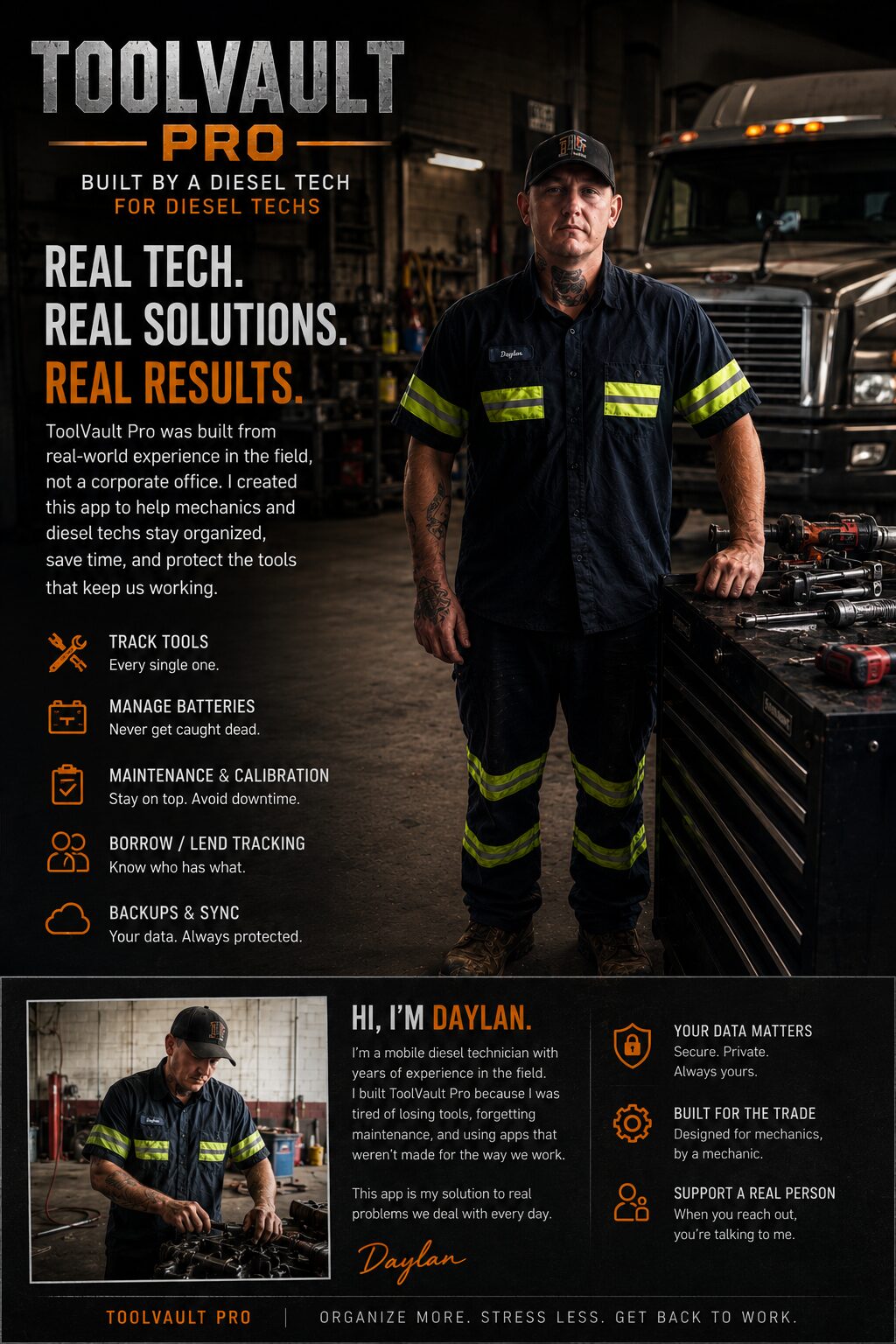 Daylan, founder of ToolVault Pro, a diesel mechanic standing in a working shop